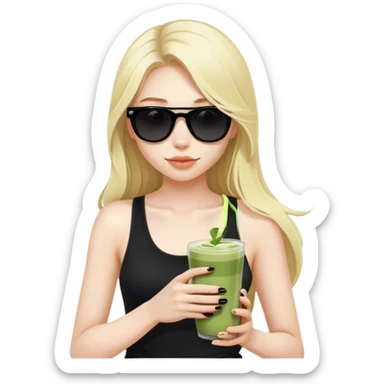 Blonde girl with pale skin and long hair with black sunglasses in black tank top and matcha latte sticker