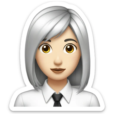 white female bangs black straight hair white shirt black tie sticker