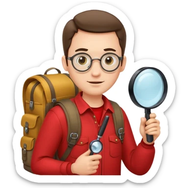 Explorer man with red shirt backpack and magnifying glass sticker