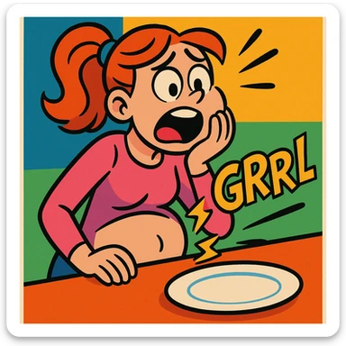 cartoon of a woman with a hungry expression, empty plate in front, exaggerated tummy growl, vibrant toon style, fun and playful sticker