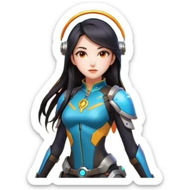 emojis.com an-asian-girl-with-dark-long-hair-and-dark-eyes,-wearing-futuristic-clothes-like-mercy-from-overwatch,-has-her-wings.-on-the-background-is-nebula-of-yellow,-orange,-red-and-turquoise-colours.-she's sticker