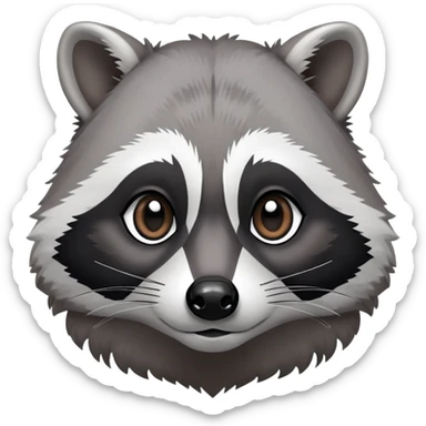 Cinematic-Noble-Raccoon-Portrait-Emoji – Poised and confident, with a sturdy build and a beautifully textured fur of silver-grey accented by dark black facial markings, deep-set, big black eyes, simplified yet sharp and sophisticated zoom out to show shoulders sticker