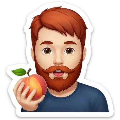 Dark haired Man with red beard licking peach sticker