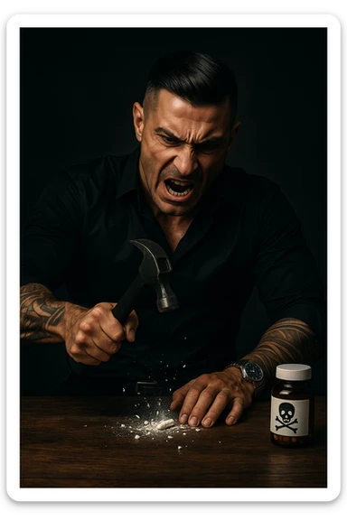 "Angry man crushing prescription pill with hammer on wooden table, expression of righteous fury against medical establishment, pill fragments scattering like defeated enemy, medicine bottle labeled with skull and crossbones in his mind, dramatic lighting showing his determination to reject pharmaceutical control, freedom from chemical dependency symbolized through destruction" sticker