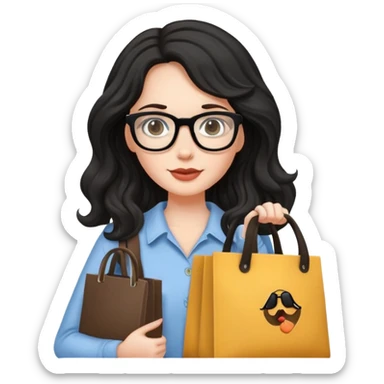 A white girl with black wavy long hair, wearing Wearing glasses and Crossing a tote bag sticker