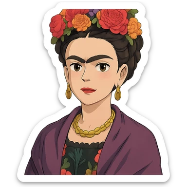 Ghibli style portrait of Frida Kahlo with vibrant colors and floral headpiece sticker