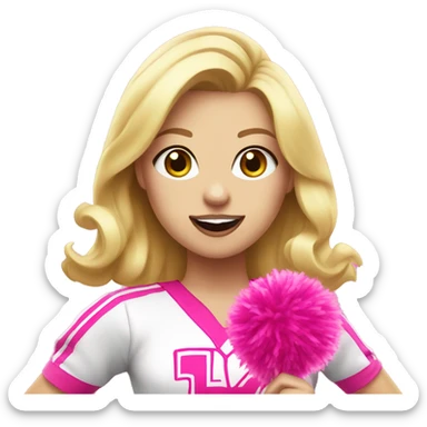 blonde cheerleader wearing pink uniform holding pink pompoms, pink bubblegum on mouth sticker