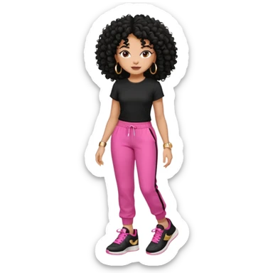 Black woman, adult, 4C black curly hair, dark brown eyes, wearing black top, pink pants, black sneakers, gold hoop earrings mostrando os músculos  sticker