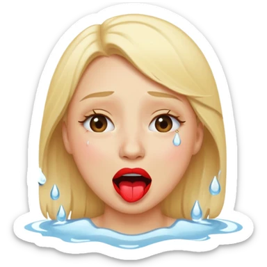 blonde having crying emoji tears (water-emoji) from hard laughter. really happy in general, happy eyes and open mouth. red lipstick sticker