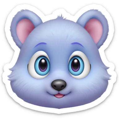 A creature with pastel purple fur and large pixar blue eyes and very small ears like a teddy bear. The nose is just a very small pink oval. The base around the eyes, eyebrows, nose and mouth is white, blushing. sticker