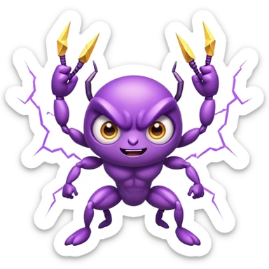 cute purple bug with big expressive eyes, strong muscular arms, a fun happy expression, and electric lightning bolt arms sticker