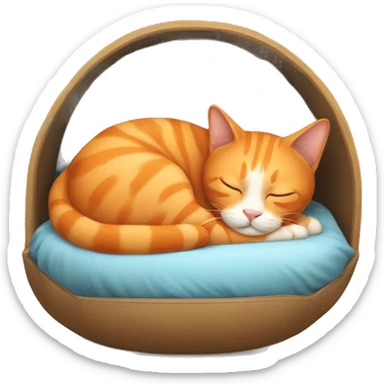An orange cat sleeping in a ball in a bed with its owner sticker