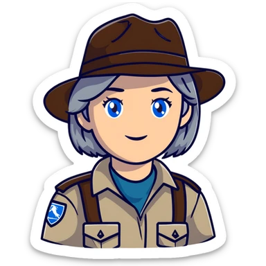 white woman park ranger with blue eyes and brown and gray hair sticker