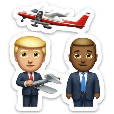 Donald trump holding an airplane in one hand and a helicopter in the other sticker