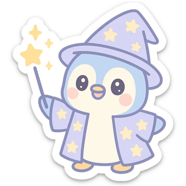 a cute penguin wizard casting a spell, wearing a starry robe and holding a wand sticker