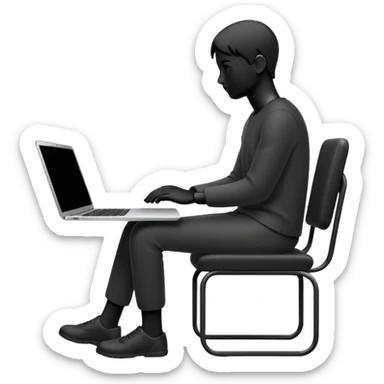 Minimalistic flat vector icon, iOS style, thin black contour on white background. Person silhouette sitting with a laptop, code brackets <> on the screen. Clean, no te sticker