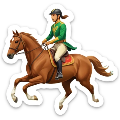 An icon showcasing a majestic horse and rider in full gallop across a lush green field. The background features a clear sky, distant mountains, and a vibrant landscape. The rider wears traditional gear, while the horse leaps with grace and power. Transparent background sticker