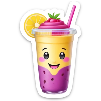Cute Kawaii Smoothie Cup, filled with blended fruity goodness, a smiling face with excited eyes, bright colorful layers of pink, yellow, and purple, topped with a straw and tiny fruit slices! sticker