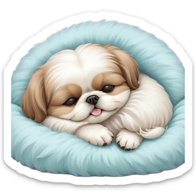 Meme-Worthy Cute Sleeping Shih Tzu Portrait Emoji, Head resting peacefully with a tender, contented smile and eyes delicately closed in serene slumber, showcasing a luxuriously fluffy fur in soft pastel tones, simplified yet irresistibly adorable, highly detailed, glowing with a warm, drowsy radiance, high shine, exuding calm, cozy charm, styled with a gentle, soft glowing outline, capturing the essence of a sleeping Shih Tzu that radiates utterly adorable, sleepy bliss! sticker