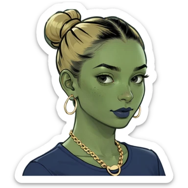 A girl with brown hair in a slick back bun  a gold necklace and earrings freekals shirt with small navy blue stripes and jeans  sticker