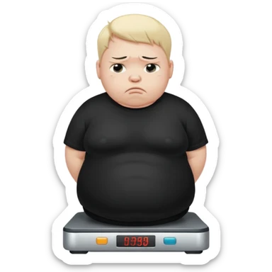 sad fat young boy in black t shirt crying on weight scale  sticker