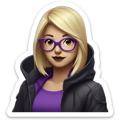Girl blond developer with round glasses left side behind his laptop with this style: Valorant Riot Game purple character purple black hooded hacker  sticker