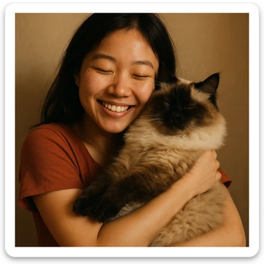 Asian girl holding her fluffy Siamese cat tightly, both content, simple background, focus on their bond sticker