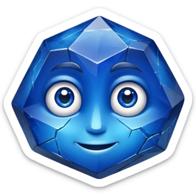 A single sapphire-blue faceted rock head, chunky and worn, with a few visible cracks and chipped facets but still shiny, big kind eyes and a confident smile, 3 sticker