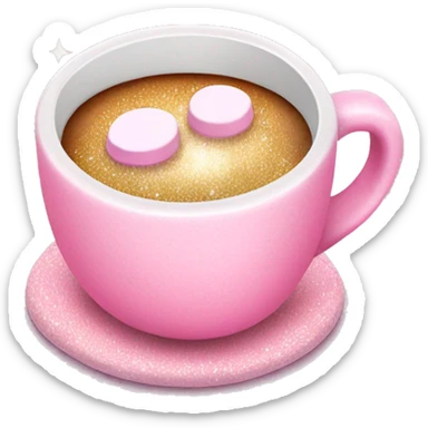 Cute pink cup of coffee with marshmallows and glitter sticker