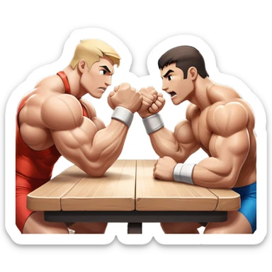 Two strong competitors locked in an intense arm wrestling match, muscles tensed as they battle for victory. The table is well-lit, showcasing their focused expressions and powerful arm grips. The background features a competitive arena with a cheering crowd. Transparent background. sticker