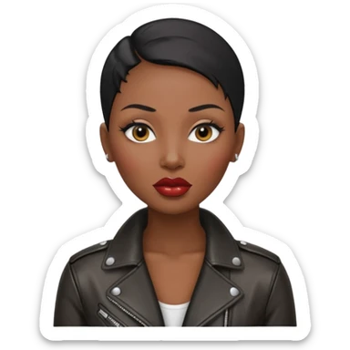 Gorgeous woman shiny black hair no eyebrows leather jacket Alluring black woman wide nose bald head big glossy lips sticker