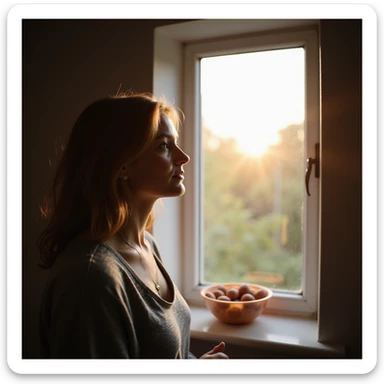 woman with PCOS looking towards a bright window, next to her symbolic representation of healthy mature oocytes, atmosphere of rebirth and optimism, realistic photography sticker