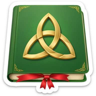 a green closed book with a golden triquetra on it with a red ribbon between the paged sticker