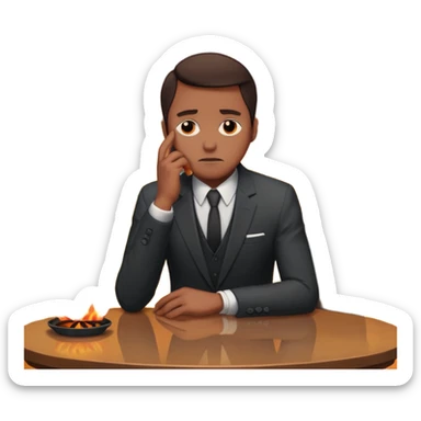 apple style emoji of a man sitting at a table, looking sad, house on fire behind sticker
