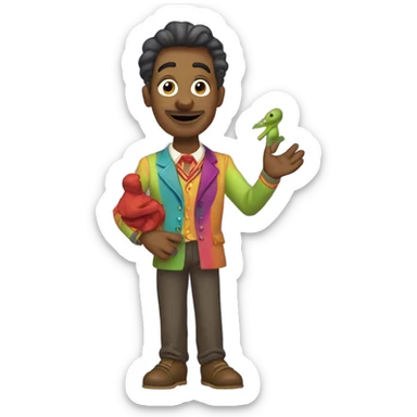 a puppeteer holding a puppet similar to him sticker