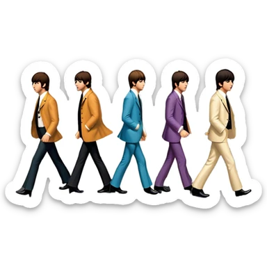 Cinematic Realistic The Beatles Abbey Road Scene Emoji, depicting the legendary band of four crossing the iconic zebra-striped street in their classic outfits, exuding effortless charisma and musical legacy. The scene is bathed in warm, nostalgic lighting with rich textures that capture the essence of 1960s rock history. sticker