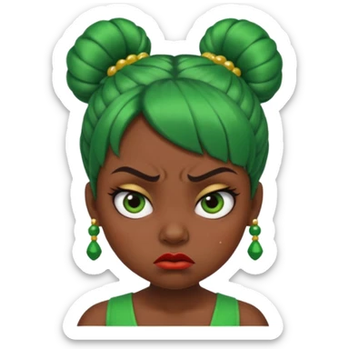 Create a 3D cartoon-style girl character with dark skin, round face, angry expression, big wide eyes, and tightly styled double buns made of green beaded hair. The girl should look irritated, eyebrows sharply angled, and lips pressed in a frown. sticker