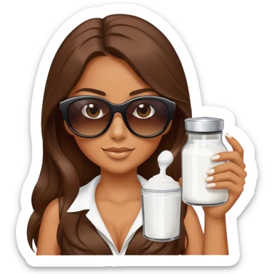 woman with long brown hair and sunglasses holding a salt shaker sticker