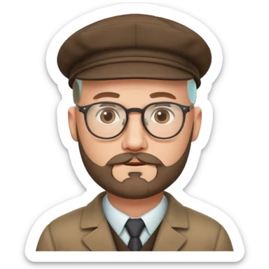 40's white male, bald with short full beard (salt and pepper color brown) with professor glasses and flat cap sticker
