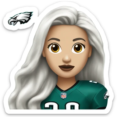 White female long dark hair red lips wearing Philadelphia Eagles jersey sticker