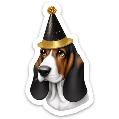 Basset hound with black and gold party hat sticker