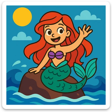 The little mermaid on a rock, waving and smiling at the viewer, in a whimsical cartoon style. sticker