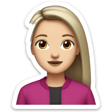 white girl with brown eyes, long straight dark brown hair, curtain bangs, and a magenta jacket sticker