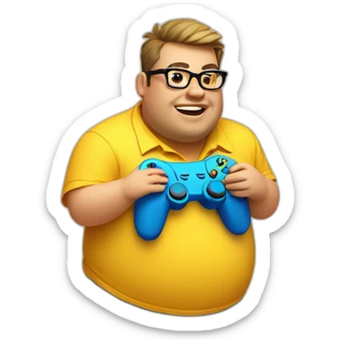 fat guy wearing a yellow hawaii shirt with rectangular glasses playing video games sticker