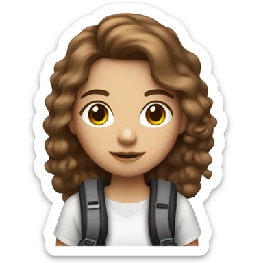 A photographer girl, Brown eyes, soft curl long brown hair, White skin, with a câmera and a backpack sticker