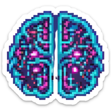 64x64 pixel art emoji of a high-tech brain, illuminated with neon blue and pink circuits, shimmering with digital light sticker