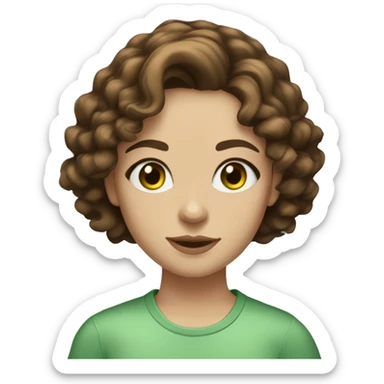 girl green eyes, medium-length brown hair, slightly curly, not thick eyebrows, medium lips with corners, round-oval face shape, small nose sticker