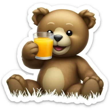 Teddy bear holding a glass of juice sitting on green grass sticker