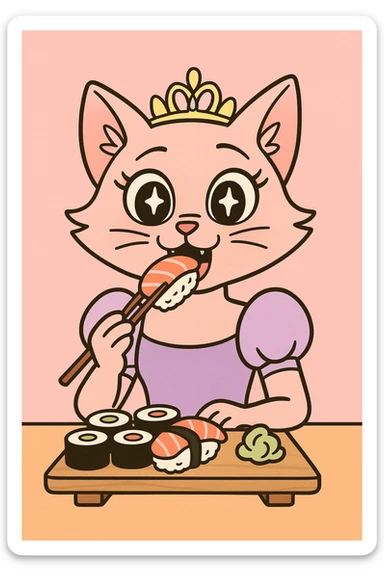 princess cat eating sushi, anime style, sparkling eyes, pastel colors, delicate tiara sticker