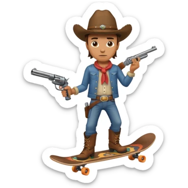 A very dangerous looking cowboy holding a gun and riding a skateboard  sticker